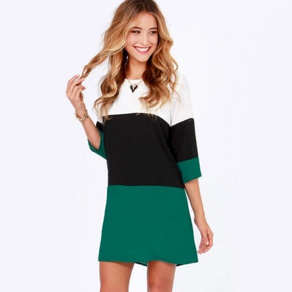 Lulu's Teal Color Block 3/4 Sleeve Shift Dress - Picture 1 of 4